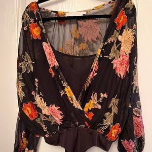 Beautiful Floral Flowy Sheer Long-sleeve Blouse with Tank Body Suit